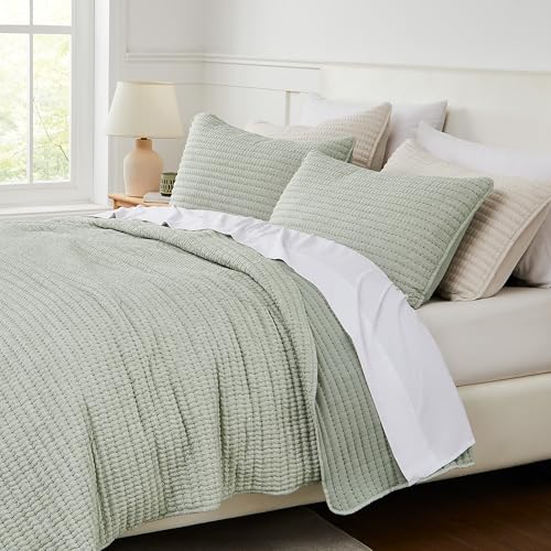 WDCOZY Sage Green Pick Stitch Twin Size Quilt Set, Striped Lightweight Soft Summer Spring Bedspread, Bamboo Linen Like Textured Coverlet, Chambray Farmhouse Country Rustic Thin Bedding Comforter WDCOZY
