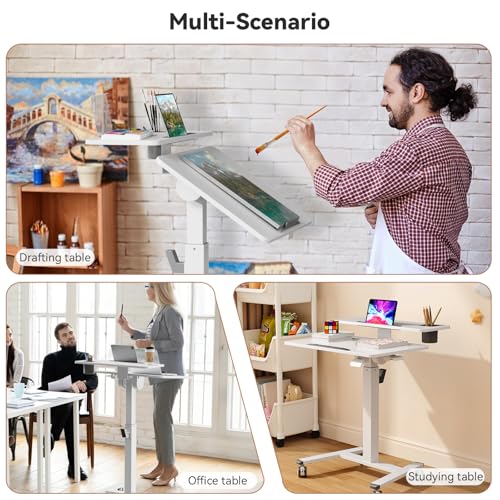 Liftsync 28Inch Mobile Standing Desk On Wheels， Rolling Laptop Stand with Tiltable Desktop， Small Computer Workstation Adjustable Height， 2-Tier Portable Study Table with Storage Shelves， White Liftsync