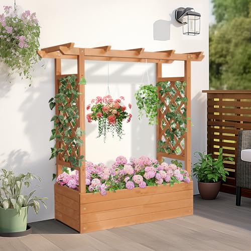 Outvita Raised Garden Bed with Trellis, Wood Planter Box with Hanging Roof, Side Trellis and Drainage Holes, Above Ground Elevated Garden Bed for Outdoor Climbing Plants Vegetables Flowers Herbs Outvita