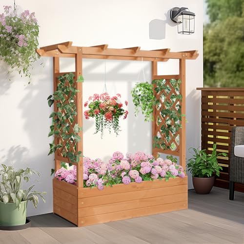 Outvita Raised Garden Bed with Trellis, Wood Planter Box with Hanging Roof, Side Trellis and Drainage Holes, Above Ground Elevated Garden Bed for Outdoor Climbing Plants Vegetables Flowers He - WoodArtSupply