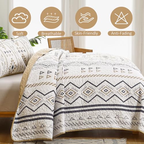 Drucon Boho King Size Aztec Quilt Set 3 Pieces Lightweight Fall Quilt Beddding Set, Soft Microfiber Bohemian Bedspread Coverlet Set with 2 Pillowcases for All Season (King, 104"x90") Drucon