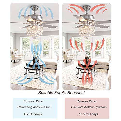 Moooni 52 Inch Modern Crystal Ceiling Fan with Lights and Remote, Elegant Chandelier Fan Light KIt Fandelier with 5 Wooden Blades for Bedroom Living Room Silver Moooni