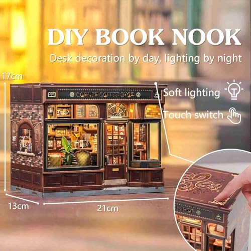 Fsolis Book Nook Kit - DIY 3D Wooden Puzzles for Adults Coffee House Model Booknook Bookstore Mini House Building Kit Gifts for Women Readers Book Lovers (Corner Coffee Shop)