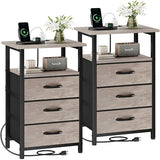 Vagusicc Nightstand Set of 2 with Charging Station, Bedside Table with USB Ports and Outlet, End Table Side Table with 3 Fabric Drawer and Storage Shelf, Bed Side Table Night Stand for Bedroom, Greige Vagusicc