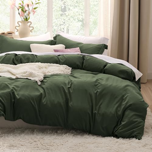 Bedsure Olive Green Duvet Cover Queen Size - 3 Pieces Prewashed Cotton-Like Polyester Extra Soft Bedding Set, Includes 1 Duvet Cover 90x90 Inches with Zipper Closure & 2 Pillow Shams, No Comforter Bedsure