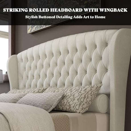 AMERLIFE California King Size Platform Bed Frame, Velvet Upholstered Sleigh Bed with Scroll Wingback Headboard & Footboard/Button Tufted/No Box Spring Required/Cream AMERLIFE