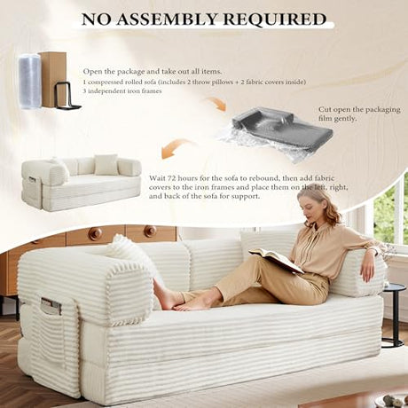 AUGOP Boneless Couch Folding Couches for Living Room Sofa, Futon Sofa Bed with Sleeper Sofa, Futon Couch with Fixed-Shape Oversized Corduroy Upholstered (White, 81 Inches) AUGOP
