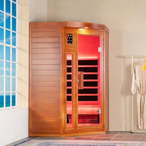 WOODBRIDGE Infrared Sauna Room 2 Person Japanese Cedar Indoor Corner Sauna with 7 Carbon Heaters, Red Light Therapy,Bluetooth Speaker,Intelligent Dual Control System,Tempered Glass,Exterior Brim Light WOODBRIDGE