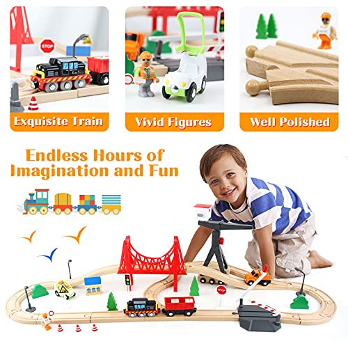 WOOD CITY Wooden Train Set, 56-Piece Deluxe Kids Toy Train Set for 2 3 4 5 Year Old Boy, Cargo-Themed Train Track with Tower Crane & Suspension WOOD CITY
