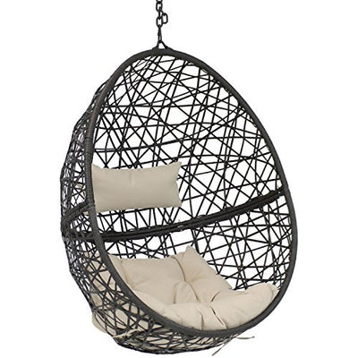 Sunnydaze Caroline Hanging Resin Wicker Egg Chair - 265-Pound Weight Capacity - Removable Beige Polyester Cushions