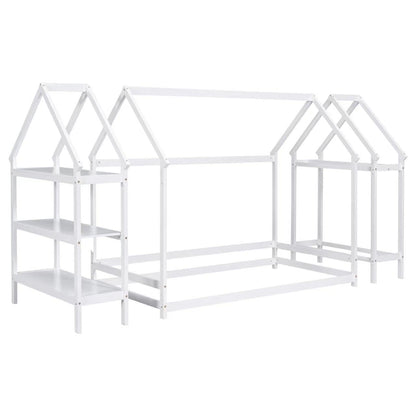 ROCKINGRUN Twin Size Wooden House Bed with Storage Shelves and Hanger - Montessori Floor Bed Frame in White - WoodArtSupply