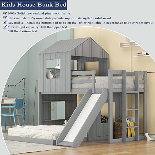 Harper & Bright Designs House Bunk Beds Twin Over Full Size, Wood Bunk Beds with Roof and Window (Grey, Twin Over Full (with Slide)) Harper & Bright Designs