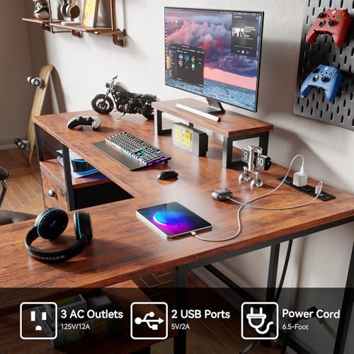 Furologee L Shaped Computer Desk with Power Outlet, Reversible Home Office Desk for Work Study, 50 Inch Corner Gaming Table with File Drawer, Monitor Stand, Storage Shelves, Rustic Brown Furologee