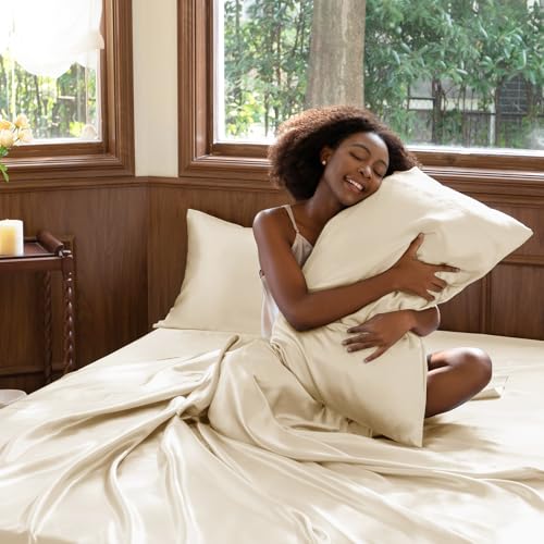 CozyLux Satin Sheets Queen Size Bed Set - 4 Piece Silky Queen Sheet Set, Luxury Champagne Queen Sheets with Smooth and Soft Microfiber, Includes 1 Fitted Sheet, 1 Flat Sheet and 2 Pillowcases CozyLux