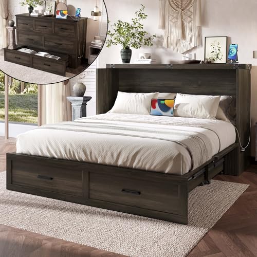 Ball & Cast Murphy Bed Queen Size Bed Frame with Charging Station,Murphy Bed Cabinet Foldable Platform Bed w/Large Storage Drawer,can be Folded,Slat Support,No Box Spring Needed,for Apartment,Gray Ball & Cast