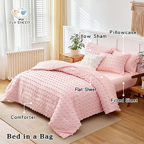 6 Pieces Tufted Dots Bed in a Bag Twin Comforter Set Girls Pink , Soft and Embroidery Shabby Chic Boho Bohemian Comforters, Luxury Solid Color with Pom Pom Design, Jacquard Tufts Bedding Set for Kids Flysheep