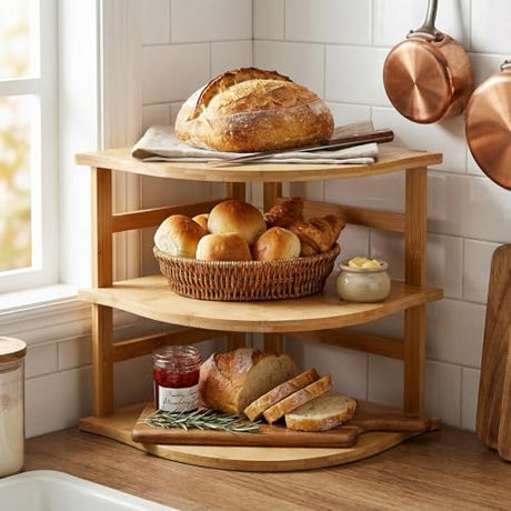 Goaste 3-Tier Bamboo Corner Shelf, Kitchen Countertop Storage Organizer, Cabinet Plate Rack for Pantry Organization, Bathroom, Desktop, 9.5 x 9.5 x 9.5 Inch Goaste