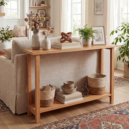 GOFLAME Solid Wood Entryway Table, 47” Console Table with Storage Shelf, Curved Tabletop, Teak Wood, Farmhouse, 2-Tier Rustic Behind Couch Sofa Tables Narrow Long for Living Room, Hallway, Natural GOFLAME