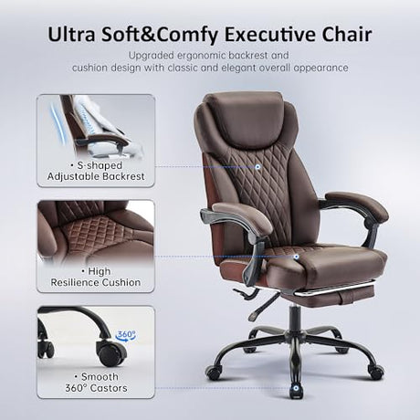 amseatec Office Chair, Big and Tall Office Chair with Foot Rest Ergonomic Desk Chairs Reclining High Back Leather Chairs with Lumbar Support(Brown) amseatec
