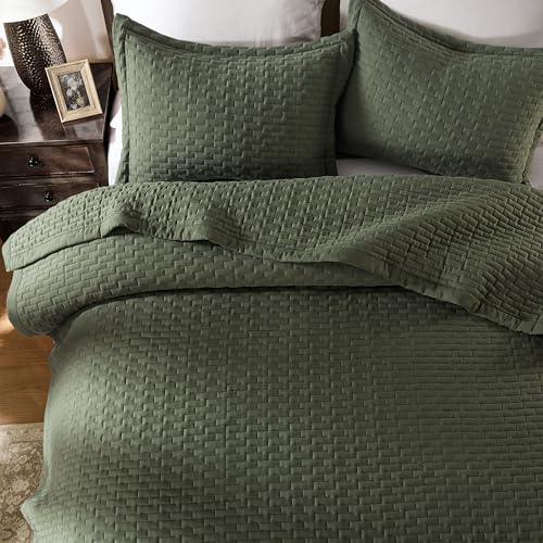 WDCOZY Olive Green King Size Quilt Set, Geometric Box Lightweight Bedspread, Soft Farmhouse Rustic Coverlet, Spring Summer Thin Comforter, Country Bedding, 104x90 inches WDCOZY