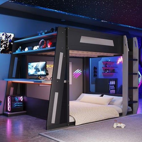 MERITLINE Queen Size Gaming Bunk Bed with Built-in Desk, RGB LED Lights & USB Port, Cable Management System & PC Tower Space, Overhead Storage Shelves, Full-Length Guardrails, Black+Grey MERITLINE