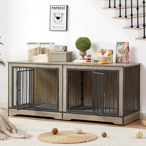 Rovibek 75'' Double Dog Crate Furniture for 2 Large Dogs, Heavy Duty Furniture Style Dog Crates End Table, Wood Crates for Dogs Kennel Indoor with Double Door, Grey Rovibek