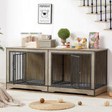 Rovibek 75'' Double Dog Crate Furniture for 2 Large Dogs, Heavy Duty Furniture Style Dog Crates End Table, Wood Crates for Dogs Kennel Indoor with Double Door, Grey Rovibek