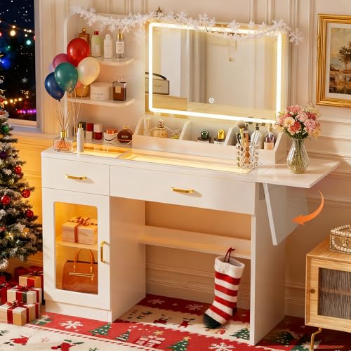 COMHOMA Vanity Desk with Mirror and Lights, Makeup Vanity with 3-Color LED, Transparent Top and RGB Drawers, White Desk with Open Shelves and Glass Cabinet, Built-in Power Outlet & Foldable Tabletop COMHOMA