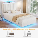 Twin Size Floating Bed Frame with Ergonomic Hidden Storage Headboard and LED Light,Visual Floating LED Bed Frame with Charing Station,Velvet Upholstered Platform Bed for Kid/Boy/Girl,Heavy Duty,White Jocoevol