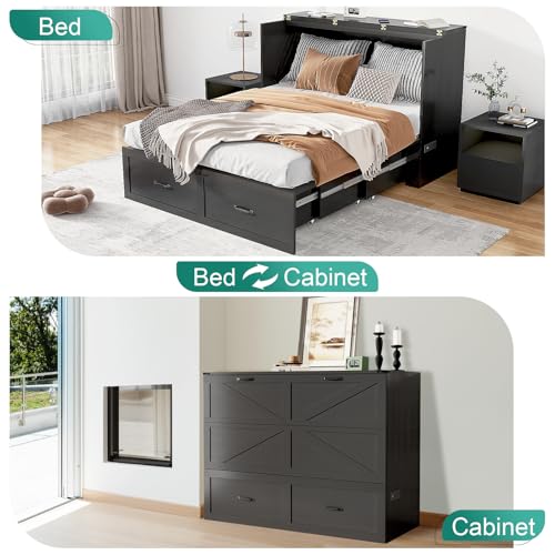 Hlivelood Full Size Murphy Chest Bed with Drawer and Charging Station, Farmhouse Wood Space-Saving Hidden Folding Bed Chest, Multifunctional Storage Cabinet Beds for Bedroom, Office, Black Hlivelood