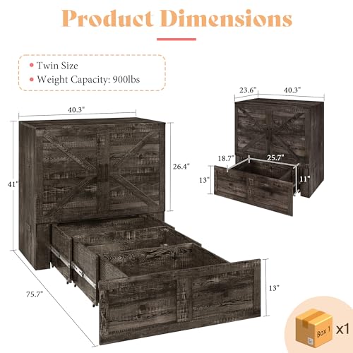 AMERLIFE Twin Murphy Bed Cabinet with Charging Station and Storage Drawer, Farmhouse Foldable Platform Bed for Home Office, Apartment, Small Spaces, Black Oak AMERLIFE