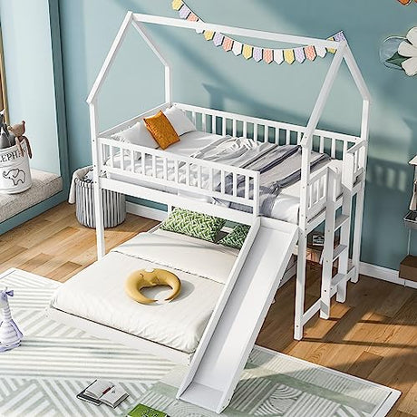 Twin Over Full House Bunk Beds with Slide,Kids Bunk Beds with House Shape and Slide,Solid Wooden House Bunk Bed with Slide and Built-in Ladder, Full-Length Guardrail for Kids Teens Girls Boys.(White) Bellemave