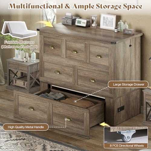 AMERLIFE Twin Size Murphy Bed, Farmhouse Wooden Cabinet with Charging Station and Storage Drawer for Bedroom/Office/Guest Room, Grey Oak AMERLIFE