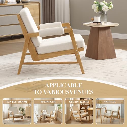 CIMOTA Mid Century Modern Accent Chair, Linen Upholstered Living Room Chairs with Arms, Comfy Reading Chair with Solid Wood Frame, High Back for Bedroom, Waiting Room, Office, Beige CIMOTA