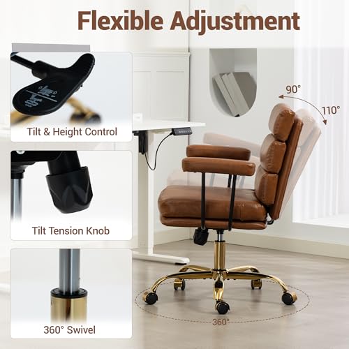 WiNVO Faux Leather Home Office Desk Chair, Gold Base Makeup Vanity Chair with Wheels, Padded Seat and Armrests, Adjustable Height Swivel Executive Computer Chair, Brown WiNVO