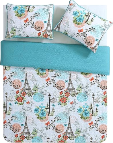 VCNY Home Blue Quilt for Queen Bed - 3-Piece Full or Queen Comforter Alternative, Bedspread Coverlet with Shams (Eiffel Paris Decor) VCNY Home