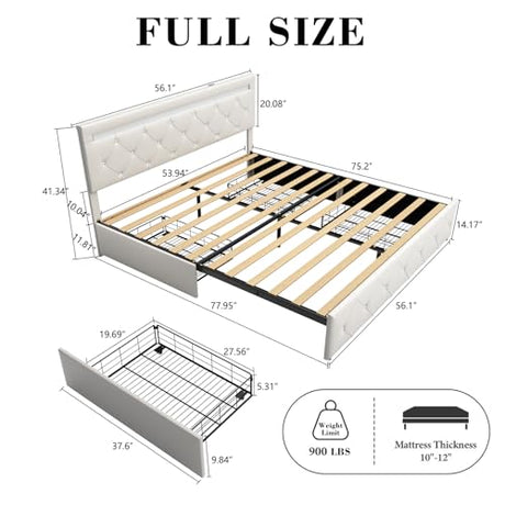 Forrise Bed Frame Full Size with LED Light and Storage Drawers, Adjustable Headboard with PU Leather Upholstered, 2 Sockets and 2 USB Ports, No Box Spring Needed,Wooden Slats Support, White. Forrise
