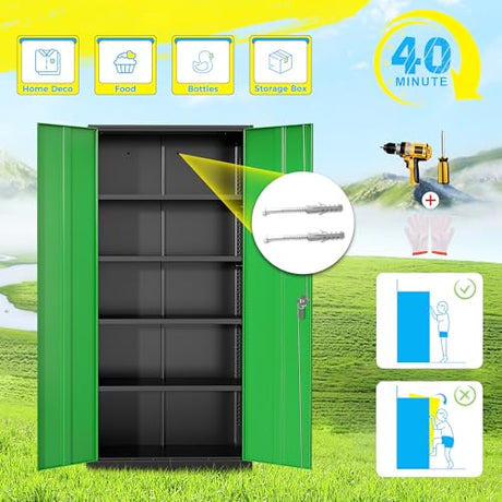 Pataku Metal Storage Cabinet, 72" Garage Cabinet with Doors and Shelves Lockable Steel Multifunctional Cabinets, File Cabinets for Home, Office, Warehouse(Black Green) Pataku