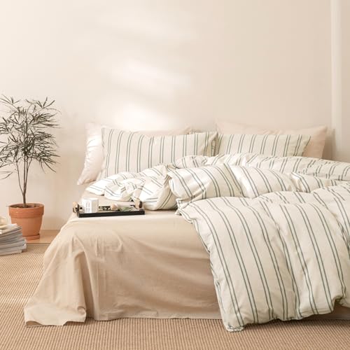 VM VOUGEMARKET Full Duvet Cover Set Beige Gray Striped Bedding Set Soft Washed Cotton 3 Pieces Dark Green Vertical Ticking Stripes Comforter Cover with Zipper Closure-80x90 Inch VM VOUGEMARKET