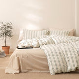 VM VOUGEMARKET Full Duvet Cover Set Beige Gray Striped Bedding Set Soft Washed Cotton 3 Pieces Dark Green Vertical Ticking Stripes Comforter Cover with Zipper Closure-80x90 Inch VM VOUGEMARKET