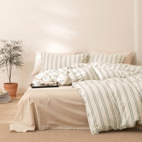 VM VOUGEMARKET Full Duvet Cover Set Beige Gray Striped Bedding Set Soft Washed Cotton 3 Pieces Dark Green Vertical Ticking Stripes Comforter Cover with Zipper Closure-80x90 Inch VM VOUGEMARKET