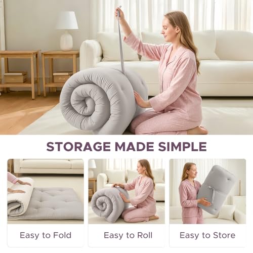 Japanese Floor Mattress, 100% Cotton 2.5" Thicken Foldable Futon Mattress Tatami Mat Sleeping Pad, High Density Foam, Ideal for Comfort and Support, Kids Floor Lounger Pillow Bed Sofa (Light Gray) SCHNAUZER HOME