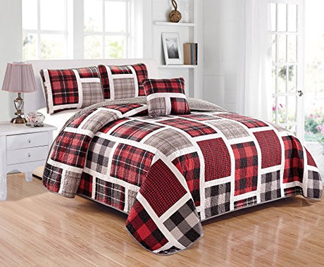 Mk Collection 4pc Full/Queen Size Reversible Quilted Bedspread Coverlet Set Patchwork Plaid Gray Red Black White New MK Home