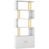 Yusong Geometric Bookcase with Cabinet, S Shaped Bookshelf 5-Tier Book Shelves for Bedroom, Modern Wood Decorative Display Shelf Tall Book Case for Home Office, Gold and White Yusong
