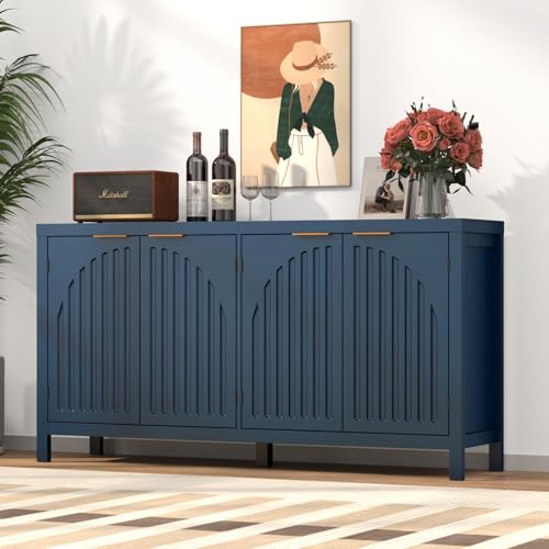 SAHISTCT 58" Modern Fluted Sideboard Buffet Cabinet with Storage, Modern Credenza with Arched Doors, Coffee Bar Table, Wood Media TV Console Table Credenza for Living Room Hallway Entryway (Blue) SAHISTCT