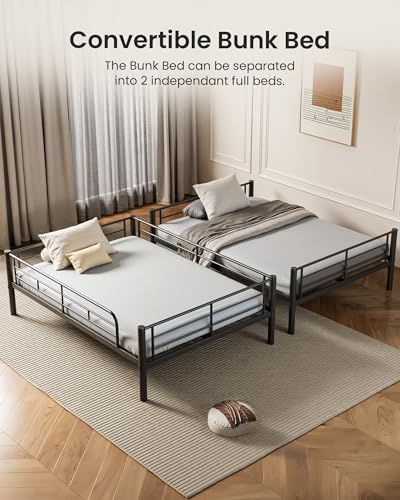Mixcous Full Over Full Bunk Bed, Convertible into 2 Full Beds, Heavy-Duty Metal Bed Frame with Safety Full-Length Guardrails & EVA Padded Ladder for Adults, Teens, Kids, No Box Spring Needed, Black Mixcous