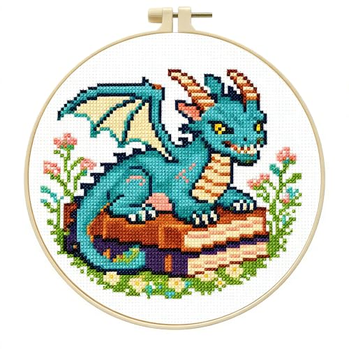 Zhenqing Cute Dragon on Books Cross Stitch Kit, 11CT Printed 24x24cm with Hoop, Fantasy Embroidery Set for Beginners (70976)