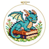 Zhenqing Cute Dragon on Books Cross Stitch Kit, 11CT Printed 24x24cm with Hoop, Fantasy Embroidery Set for Beginners (70976)
