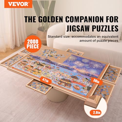 VEVOR 2000 Piece Puzzle Board with 6 Drawers and Cover, 40.2"x29.4" Rotating Wooden Jigsaw Puzzle Plateau, Portable Puzzle Accessories for Adult, Puzzle Organizer & Puzzle Storage System, Gift for Mom VEVOR