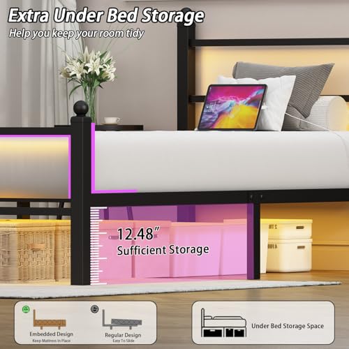 Gohapnis Twin Bed Frames with Headboard and Footboard,Black Metal Platform Bed Frame with RGB LED Lights and USB Charging Station,Under Bed Storage,No Box Spring Needed,Suitable for Bedrooms Gohapnis